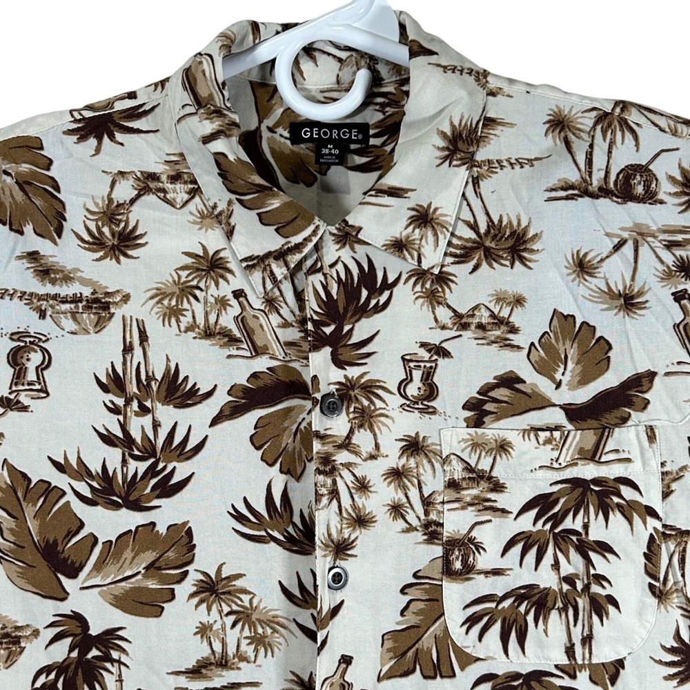 George Mens Stone Brown Tropical Palm Tree Rayon Button Down Shirt Medium